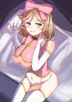 1girl :p bare_shoulders breasts brown_hair crop_top elbow_gloves gloves green_eyes hair_ribbon haruka_(senran_kagura) large_breasts looking_at_viewer medium_hair nanasumi_(pantie_party_project) ribbon senran_kagura test_tube thighhighs thong tongue tongue_out underboob