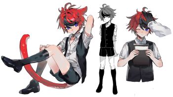 2boys ;) absurdres aged_down ahoge animal_ears aotsuki_eito black_gloves black_hair black_shoes black_shorts black_socks black_vest blue_eyes book cat_boy cat_ears cat_tail chinese_commentary closed_mouth collared_shirt commentary_request expressionless full_body gloves hair_between_eyes headpat highres holding holding_book invisible_chair kemonomimi_mode kneehighs lcl long_sleeves male_focus multicolored_hair multiple_boys one_eye_closed open_clothes open_collar open_vest red_hair shirt shoes short_hair shorts simple_background sitting smile socks streaked_hair sumino_takumi syuu_1125 tail the_hundred_line_-last_defense_academy- two-tone_hair vest white_background white_shirt