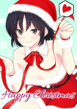 Rule 34 | 1girl, bare shoulders, black eyes, black hair, bracelet, closed mouth, collar, detached collar, dress, fur-trimmed dress, fur-trimmed headwear, fur bracelet, fur trim, hat, heart, highres, jewelry, kujou meika, looking at viewer, meika-san wa oshikorosenai, merry christmas, neck ribbon, red dress, red hat, red ribbon, ribbon, saitou shouki, santa costume, santa hat, short hair, solo, spoken heart, strapless, strapless dress, white collar