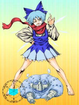1girl 1other absurdres araki_hirohiko_(style) barefoot blue_bow blue_dress blue_eyes blue_hair bow cirno dress eddybird55555 fairy feet full_body gradient_background grin hair_bow hand_on_own_hip highres ice ice_wings index_finger_raised jojo_no_kimyou_na_bouken long_sleeves one_eye_closed parody red_scarf scarf short_hair simple_background smile stand_(jojo) standing style_parody toad_(animal) touhou wings yellow_background