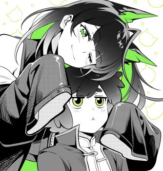1boy 1girl ;) ahoge animal_ears arknights bai_xin bare_shoulders black_hair blush closed_mouth commentary green_eyes green_hair halftone heads_together highres huge_ahoge jitome long_hair luo_xiaohei luo_xiaohei_zhanji mon3tr_(arknights) multicolored_hair off_shoulder one_eye_closed partially_colored short_hair sleeves_past_fingers sleeves_past_wrists smile symbol-only_commentary
