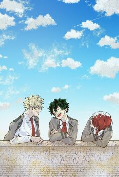 3boys bakugou_katsuki blonde_hair blue_sky boku_no_hero_academia brick_wall closed_eyes cloud cloudy_sky collared_shirt commentary_request crossed_arms facial_scar freckles green_hair grey_jacket hair_between_eyes hair_over_eyes highres jacket jacket_on_shoulders laughing looking_at_another male_focus midoriya_izuku mocomocopicopi multicolored_hair multiple_boys necktie open_mouth parted_lips red_hair red_necktie scar scar_on_cheek scar_on_face school_uniform shirt short_hair sky smile spiked_hair suit_jacket todoroki_shoto two-tone_hair u.a._school_uniform upper_body white_hair white_shirt