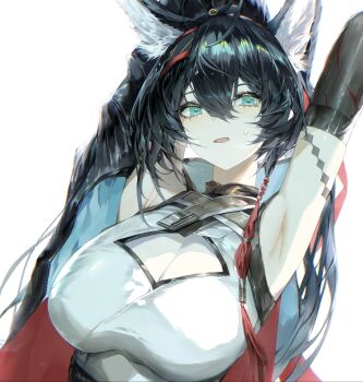 1girl absurdres animal_ear_fluff animal_ears arknights armpits arms_up black_hair blaze_(arknights) blaze_the_igniting_spark_(arknights) blue_eyes breasts cat_ears cat_girl cleavage cleavage_cutout clothing_cutout commentary elbow_gloves gloves hairband highres large_breasts long_hair looking_at_viewer onedr open_mouth red_hairband shirt solo sweatdrop symbol-only_commentary upper_body white_background white_shirt