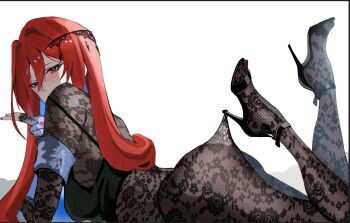 1girl ass black_camisole blue_hair bodystocking breasts camisole colored_inner_hair elizabeth_rose_bloodflame hololive hololive_english lace_bodysuit lace_pantyhose_hooked_on_heel_(meme) large_breasts long_hair looking_at_viewer meme multicolored_hair red_eyes red_hair red_nails simple_background solo virtual_youtuber white_background yato_(yama0x1)