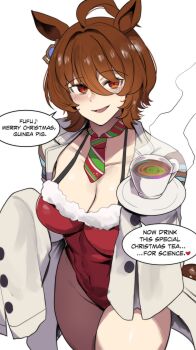 1girl absurdres agnes_tachyon_(umamusume) ahoge animal_ears breasts cleavage coat collarbone commentary cup english_commentary english_text fur-trimmed_leotard fur_trim green_necktie hair_between_eyes heart highleg highleg_leotard highres hinghoi holding holding_plate horse_ears horse_girl lab_coat large_breasts leotard long_sleeves looking_at_viewer medium_hair necktie open_clothes open_coat open_mouth plate red_eyes red_leotard red_necktie simple_background sleeves_past_fingers sleeves_past_wrists smile solo speech_bubble steam teacup thighs umamusume white_background white_coat