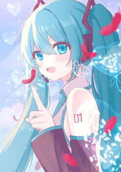 1girl absurdres aqua_eyes aqua_hair aqua_necktie arm_tattoo blush collared_shirt detached_sleeves falling_feathers feathers grey_shirt hair_between_eyes hair_ornament hatsune_miku headset highres long_hair long_sleeves looking_at_viewer necktie number_tattoo open_mouth red_feathers shirt smile tattoo twintails ura1134 very_long_hair vocaloid wide_sleeves