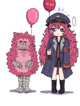 ... 1girl armband balloon blue_archive blue_eyes boots cap claws fxxk_law hair_ornament halo hat height_difference iroha_(blue_archive) kaiju lips long_coat long_hair lowres military_uniform miniskirt monster necktie oekaki oversized_clothes peaked_cap pigmon red_balloon red_hair ribbon scales simple_background skirt ultra_q ultra_series ultraman_(1st_series) very_long_hair wavy_hair white_background