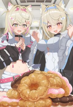 +_+ 2girls absurdres animal_ear_fluff animal_ears bandaid bandaid_hair_ornament blonde_hair blue_eyes blue_streaks cropped_jacket cropped_shirt dog_ears dog_girl donut drooling food fur-trimmed_jacket fur_trim fuwawa_abyssgard fuwawa_abyssgard_(1st_costume) hair_ornament hairpin highres hololive hololive_english jacket long_hair looking_at_viewer medium_hair mococo_abyssgard mococo_abyssgard_(1st_costume) mouth_drool multicolored_hair multiple_girls pink_eyes pink_streaks pon_de_ring satoti_chang shirt siblings sisters streaked_hair twins two_side_up very_long_hair virtual_youtuber white_shirt x_hair_ornament