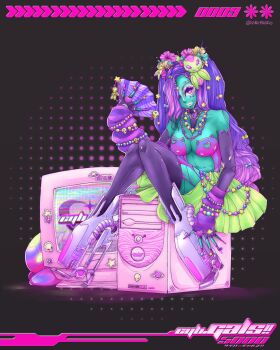 1girl absurdres alien alien_hair_ornament animal_print aqua_skin bead_bracelet bead_necklace beads black_gloves black_thighhighs boots bracelet breasts clothing_request colored_skin commentary computer computer_tower cyber_fashion elbow_gloves english_commentary flower folding_fan gloves gradient_hair green_skirt gyaru gyaru_makeup hair_flower hair_ornament hand_fan heart highlighter_(makeup) highres holding holding_fan jewelry large_breasts long_hair looking_at_viewer makeup monitor multicolored_hair navel necklace original pink_eyes pink_hair puri_prado purple_arm_warmers purple_hair ring skirt solo sticker thighhighs tiger_print very_long_fingernails very_long_hair wavy_hair white_boots white_eyeshadow white_lips