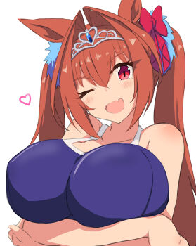 1girl animal_ears bare_shoulders blush breast_lift breasts brown_hair collarbone crossed_arms daiwa_scarlet_(umamusume) fang hair_intakes heart highres horse_ears horse_girl kugui_kiyunemu large_breasts long_hair looking_at_viewer one_eye_closed red_eyes skin_fang solo tiara tracen_swimsuit twintails umamusume very_long_hair