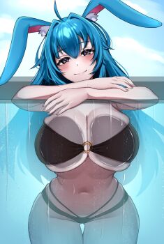 1girl against_glass ahoge animal_ear_fluff animal_ears bikini black_bikini black_eyes blue_hair blush breast_press breasts breasts_on_glass choppy_bangs cleavage closed_mouth commentary commission cowboy_shot curvy day english_commentary fingernails glass hair_between_eyes hair_intakes highres huge_breasts leiden_yaegore long_hair looking_at_viewer multi-strapped_bikini_bottom navel o-ring o-ring_bikini original outdoors partially_submerged pool rabbit_ears smile solo stomach swimsuit thick_thighs thighs water wet