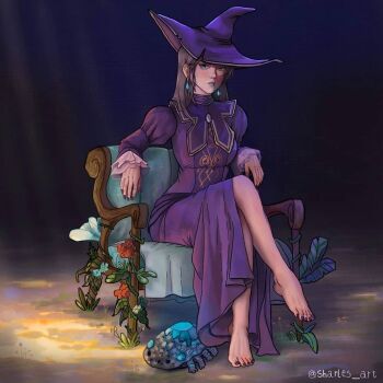 1girl 1other artist_name bare_legs barefoot blue_flower blush breasts brown_hair chair commentary creature crossed_legs crystal_lizard_(fromsoftware) dark_background dark_souls_(series) dark_souls_ii dress english_commentary fingernails flower gem grass green_eyes hair_behind_ear hat jewelry large_breasts leaf light_smile lily_(flower) lizard long_dress long_hair looking_at_viewer monster multiple_legs nail_polish open_hands pendant plant purple_dress purple_lips red_flower red_rose rose sharles_art sitting sunlight teeth thorns torn_clothes torn_hat upper_teeth_only vines white_flower witch witch_hat zullie_the_witch