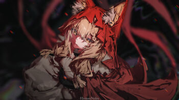Rule 34 | 1girl, absurdres, animal ear fluff, animal ears, arknights, arknights: endfield, blonde hair, cape, chinese commentary, cloak, closed mouth, commentary request, dress, ears through headwear, from above, hair between eyes, highres, hood, hood up, hooded cape, hyotan neko, long hair, looking at viewer, low-tied sidelocks, making-of available, red cape, rossi (arknights), sidelocks, solo, white dress, yellow eyes