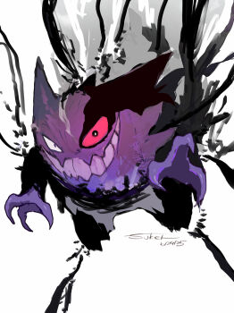 black_skin colored_skin dated gen_1_pokemon gengar highres mismatched_eyes nintendo open_mouth pokemon purple_skin signature simple_background solo sukepmonster white_background