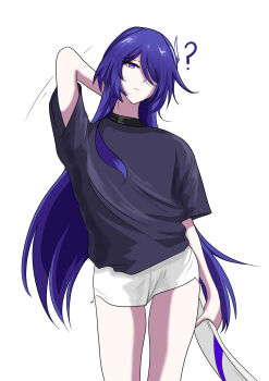 1girl ? absurdres acheron_(honkai:_star_rail) casual commentary hair_over_one_eye highres honkai:_star_rail honkai_(series) long_hair purple_eyes purple_hair shirt shorts simple_background solo waist_(chem5772) white_background white_shorts