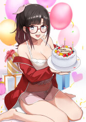 Rule 34 | 1girl, :d, absurdres, balloon, bare shoulders, barefoot, black hair, blunt bangs, blush, box, breasts, brown hair, cake, camisole, candle, cleavage, confetti, crop top, dolphin shorts, food, gift, gift box, glasses, gradient hair, grey eyes, happy birthday, highres, holding, holding cake, holding food, jacket, large breasts, long hair, long sleeves, looking at viewer, midriff, mole, mole on neck, multicolored hair, navel, nijisanji, off shoulder, open clothes, open jacket, open mouth, parted bangs, pink shorts, ponytail, red-framed eyewear, red jacket, short shorts, shorts, sitting, smile, solo, suzuka utako, suzuka utako (12th costume), thighs, track jacket, virtual youtuber, wariza, white camisole, yifeng ivte