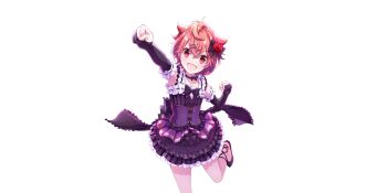 1girl :d arm_up armpits bare_shoulders bow bow_flower bowtie clenched_hands collarbone corset cowboy_shot dot_nose double-parted_bangs dress elbow_gloves fang flower frilled_dress frilled_skirt frills game_cg gloves hair_bow hair_flaps hair_ornament hairclip high_heels highres lapis_re:lights layered_skirt leg_ribbon looking_at_viewer messy_hair official_art open_mouth orange_hair partially_fingerless_gloves pumps purple_bow purple_bowtie purple_corset purple_dress purple_gloves purple_ribbon purple_shoes purple_skirt red_eyes red_flower red_rose ribbon rose salsa_(lapis_re:lights) shoes short_hair simple_background skin_fang skirt sleeveless sleeveless_dress smile solo standing standing_on_one_leg third-party_source transparent_background white_skirt
