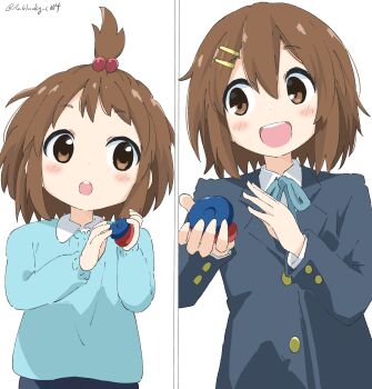 1girl absurdres age_progression aged_down blazer brown_hair castanets cynical_(llcbluckg_c004) hair_between_eyes hair_bobbles hair_ornament hairclip highres hirasawa_yui instrument jacket k-on! multiple_views open_mouth ponytail school_uniform short_hair short_ponytail signature split_screen tareme teeth upper_body upper_teeth_only