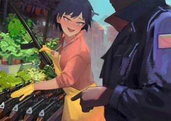 1boy 1girl absurdres apron aqua_eyes black_eyeliner celery commentary_request eyeliner eyes_out_of_frame fangs food gloves gun head_out_of_frame highres holding holding_gun holding_weapon jacket long_sleeves looking_at_another magazine_(weapon) makeup market market_stall original outdoors painterly pink_shirt pointing pointing_at_object polilla polivia shirt short_hair sleeve_pushed_up spanish_commentary talking turning_head vegetable weapon weapon_request yellow_apron yellow_gloves