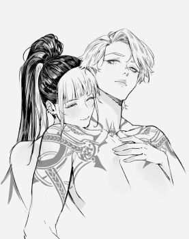 2girls bai_yi_(path_to_nowhere) blush breasts closed_eyes closed_mouth commentary ear_piercing greyscale hand_on_another&#039;s_chest high_ponytail highres hug hug_from_behind large_breasts long_hair monochrome multiple_girls path_to_nowhere piercing ponytail short_hair shoulder_tattoo smile symbol-only_commentary tattoo upper_body yukimpoi yuri zoya_(path_to_nowhere)