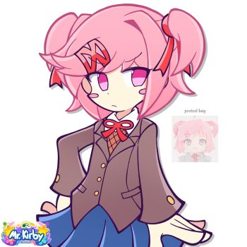 Rule 34 | 1girl, :/, blue skirt, blush stickers, brown vest, closed mouth, commentary, cowboy shot, deformed, doki doki literature club, doki doki literature club school uniform, english commentary, grey jacket, hair ornament, hair ribbon, hairclip, hand on own hip, highres, jacket, looking at viewer, mrkirbyan, natsuki (doki doki literature club), neck ribbon, pink eyes, pink hair, red ribbon, ribbon, school uniform, screenshot inset, shirt, short hair, sidelocks, simple background, skirt, solo, two side up, vest, white background, white shirt