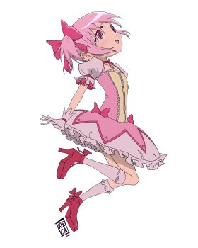 1girl artist_logo bow collarbone commentary dress dress_bow english_commentary from_side full_body gloves high_heels highres kaname_madoka kaname_madoka_(magical_girl) kiecaburn kneehighs logo looking_up magical_girl mahou_shoujo_madoka_magica mahou_shoujo_madoka_magica_(anime) open_mouth pink_dress pink_eyes pink_hair puffy_short_sleeves puffy_sleeves red_shoes shoes short_sleeves short_twintails socks solo soul_gem twintails white_gloves white_socks