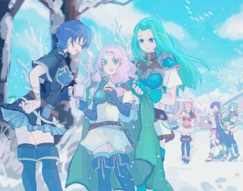 6+girls aqua_hair armor bare_tree blanket blue_eyes blue_gloves blue_hair boots breastplate cape capelet closed_mouth commentary_request cup dress elbow_gloves farina_(fire_emblem) fingerless_gloves fiora_(fire_emblem) fire_emblem fire_emblem:_the_binding_blade fire_emblem:_the_blazing_blade fire_emblem:_three_houses fire_emblem_heroes florina_(fire_emblem) florina_(skyward_wings)_(fire_emblem) gloves green_eyes hilda_valentine_goneril hilda_valentine_goneril_(skyward_wings) holding holding_cup juno_(fire_emblem) long_hair looking_at_another mug multiple_girls nintendo official_alternate_costume open_mouth pauldrons pink_hair purple_cape purple_hair sasaki_(dkenpisss) shanna_(fire_emblem) short_hair short_sleeves shoulder_armor siblings sisters skirt smile snow thea_(fire_emblem) thigh_boots tree twintails white_capelet white_dress