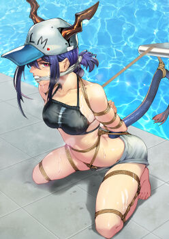 1girl absurdres arknights arms_behind_back barefoot baseball_cap bdsm bikini bikini_top_only blue_hair bondage bound breasts ch&#039;en_(arknights) ch&#039;en_(summer)_(arknights) chen_zi cleave_gag cloth_gag collarbone commentary_request commission crotch_rope cum cum_on_body dragon_horns dragon_tail frogtie gag gagged hat highres horns improvised_gag kneeling official_alternate_costume poolside red_eyes restrained rope short_shorts shorts solo stuffed_gag swimsuit tail water