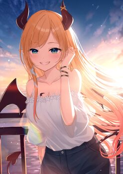Rule 34 | 1girl, absurdres, bare shoulders, black horns, black pants, black tail, black wings, blonde hair, blue eyes, blush, breast tattoo, breasts, cleavage, collarbone, commentary request, cowboy shot, demon girl, demon horns, demon wings, denim, highres, hololive, horns, long hair, ocean, off-shoulder shirt, off shoulder, pants, pointy ears, shima46, shirt, smile, solo, sunlight, sunset, tattoo, virtual youtuber, winged heart, wings, yuzuki choco