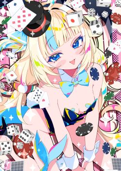 1girl alternate_costume animal_ears bandaid bandaids_on_nipples black_leotard blonde_hair blue_bow blue_eyes blue_streaks bow breasts cat_ears fins fish_girl fish_tail hair_bow highres ichijo_rei indie_virtual_youtuber leotard long_hair looking_at_viewer multicolored_hair one_side_up open_mouth pasties playboy_bunny sameko_saba small_breasts smile solo streaked_hair tail very_long_hair virtual_youtuber white_wrist_cuffs wrist_cuffs