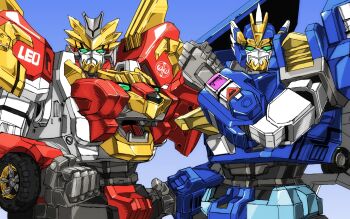 clenched_hand earth_granner_eagle_shark earth_granner_leo_cheetah getter_robo gradient_background green_eyes handshake highres looking_at_viewer mecha mecha_focus no_humans nonkibou robot scene_reference science_fiction shin_getter_robo_vs_neo_getter_robo super_robot tomica_kizuna_gattai_earth_granner v-fin