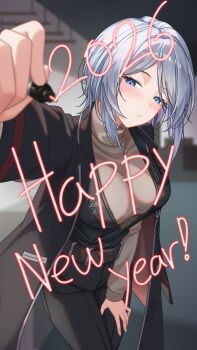 1girl 2026 absurdres belt black_coat black_pants black_vest blue_eyes brown_belt brown_sweater coat cowgirl_position drawing_on_fourth_wall faust_(project_moon) happy_new_year hashtag-only_commentary highres lapels limbus_company looking_at_viewer new_year notched_lapels pants project_moon short_hair solo straddling sweater vest white_hair zer0big1