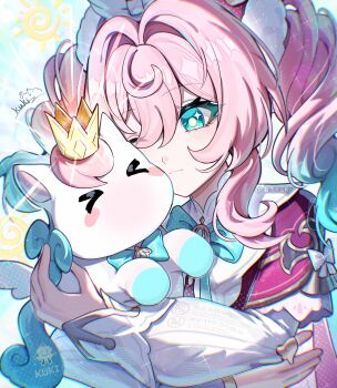 >_< 1girl artist_logo blue_eyes bright_pupils commentary_request crown cuddling cutescookie drill_hair highres honkai:_star_rail honkai_(series) hyacine_(honkai:_star_rail) little_ica_(honkai:_star_rail) logo long_hair one_eye_closed pink_hair signature sun twin_drills