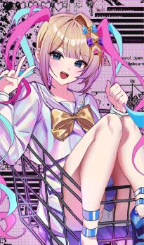 1girl :d blonde_hair blue_bow blue_eyes blue_hair blue_serafuku blue_shirt blue_skirt bow bowtie chouzetsusaikawa_tenshi-chan gradient_hair hair_bow highres kyoi_(kyo1koo2) long_hair multicolored_hair multiple_hair_bows needy_girl_overdose open_mouth panties pink_bow pink_hair purple_bow purple_hair quad_tails school_uniform serafuku shirt skirt smile solo underwear v very_long_hair white_panties yellow_bow yellow_bowtie