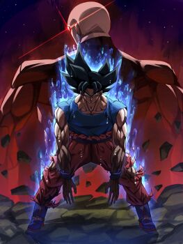 2boys absurdres black_hair blue_aura blue_footwear blue_sash blue_vest bodysuit bow closed_mouth commentary debris dougi dragon_ball dragon_ball_super english_commentary facing_back full_body glowing glowing_eye grey_eyes highres initials-drawing jiren legs_apart looking_at_viewer looking_back male_focus multicolored_bodysuit multiple_boys muscular muscular_male nose orange_bow orange_dougi orange_pants pants pride_trooper_uniform purple_background red_aura red_bodysuit sash serious son_goku standing star_(sky) torn_clothes torn_pants tournament_of_power two-tone_bodysuit ultra_instinct vest wristband