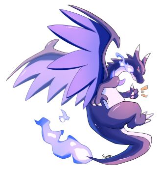 Rule 34 | blue fire, breath weapon, breathing fire, charizard, claws, closed mouth, commentary, dragon, dragon wings, fang, fire, flame-tipped tail, full body, gen 1 pokemon, highres, mega charizard x, mega pokemon, nintendo, no humans, pokemon, pokemon (creature), pokemon focus, red eyes, siestingtime, simple background, solo, symbol-only commentary, tail, thumbs up, white background, wings