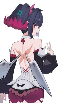 1girl absurdres ass back backless_dress backless_outfit bare_shoulders black_hair black_sleeves bow colored_inner_hair commentary detached_sleeves dress from_behind fur-trimmed_sleeves fur_trim green_bow hair_bow hand_up highres looking_at_viewer looking_back multicolored_hair nangong_yu open_mouth orange_eyes oro_(lsg0624) scar scar_on_back short_twintails shoulder_blades simple_background solo twintails unfinished v white_background white_dress white_wings wings zenless_zone_zero