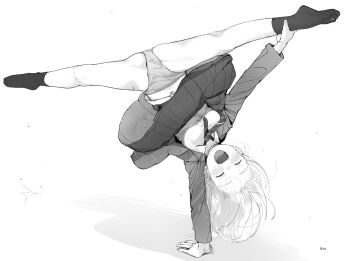 1girl :d bare_legs blazer blush breasts closed_eyes facing_viewer greyscale handstand highres jacket loli long_hair long_sleeves masuda_(yousaytwosin) medium_breasts miniskirt monochrome necktie open_clothes open_jacket open_mouth original panties pantyshot pleated_skirt school_uniform shirt signature simple_background skirt smile socks solo split spread_legs underwear upside-down white_background
