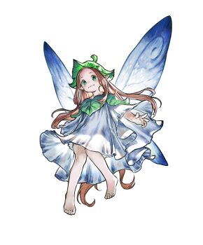 1girl absurdres barefoot brown_hair faie fairy fairy_wings full_body green_eyes highres knees_together_feet_apart leaf_hat light_smile long_hair official_art photoshop_(medium) pointy_ears solo the_adventures_of_elliot:_the_millennium_tales transparent_background very_long_hair wings