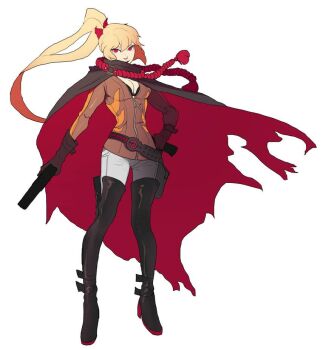 1girl black_cloak blonde_hair boots brown_gloves cloak double-parted_bangs dual_wielding elbow_gloves full_body gloves graveweaver gun hand_on_own_hip handgun high_ponytail holding holding_gun holding_weapon looking_at_viewer original pantyhose ponytail red_eyes rope scarf smirk solo thigh_boots torn_clothes weapon white_pantyhose wind wind_lift