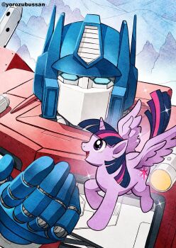 autobot blue_eyes crossover cutie_mark glowing glowing_eyes highres horns long_hair mecha multicolored_hair my_little_pony my_little_pony:_friendship_is_magic no_humans optimus_prime pink_hair purple_eyes purple_hair robot single_horn smile sparkle streaked_hair transformers twilight_sparkle wings yorozu