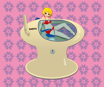 1girl arm_support barefoot bath bikini blonde_hair blue_eyes blush breasts expo_&#039;70 human_washing_machine large_breasts looking_at_viewer navel neko_no_kimagure open_mouth original partially_submerged pink_background red_bikini short_hair sitting smile swimsuit water