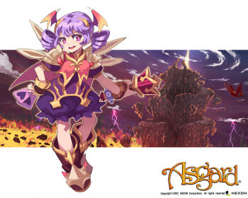2001 ankle_boots armlet armor asgard bf._(sogogiching) boots breasts brown_boots brown_wrist_cuffs capelet card character_request cloud copyright_name copyright_notice dated dragon drill drill_hair full_body gradient_wings head_wings heart holding holding_card jewelry lava light_blush lightning logo medium_breasts medium_hair multicolored_wings nexon official_art official_wallpaper open_mouth outline pauldrons pink_capelet pink_pupils pink_wings playing_card puffy_short_sleeves puffy_shorts puffy_sleeves purple_eyes purple_shirt purple_shorts purple_sky rock second-party_source shirt short_sleeves shorts shoulder_armor sidelocks silver_armlet sky solo_focus spiked_wings teeth tongue twin_drills upper_teeth_only white_outline wings wrist_cuffs yellow_wings