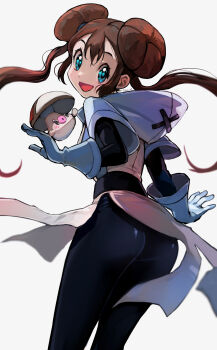 1girl :d absurdres aqua_eyes ass blush brown_hair commentary_request double_bun eudetenis eyelashes foongus gen_5_pokemon gloves grey_gloves hair_bun highres hood hood_down long_hair looking_back nintendo open_mouth pokemon pokemon_(creature) pokemon_adventures rosa_(pokemon) simple_background smile team_plasma team_plasma_uniform twintails white_background