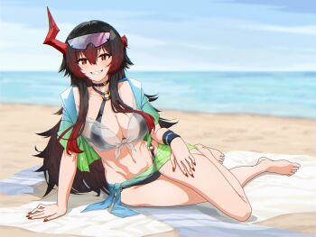 1girl absurdres arm_support asymmetrical_horns azur_lane barefoot beach beach_mat bikini black_bikini black_choker black_hair blue_jacket blue_sky blurry blurry_background breasts broken_horn choker cleavage cloud collarbone commentary commission day english_commentary eyewear_on_head full_body green_jacket grin groin hair_between_eyes highres horns jacket large_breasts long_hair looking_at_viewer magdeburg_(azur_lane) magdeburg_(gone_fishing)_(azur_lane) mole mole_on_thigh multicolored_hair multicolored_jacket nail_polish navel o-ring o-ring_bikini ocean official_alternate_costume open_clothes open_jacket outdoors pixiv_commission poku_(lifefailurelol) red_eyes red_hair red_horns red_nails sarong scar see-through_clothes see-through_sarong see-through_shirt shadow shirt short_sleeves sidelocks sky smile solo stomach sunglasses swimsuit teeth tied_shirt variant_set white_shirt wristband