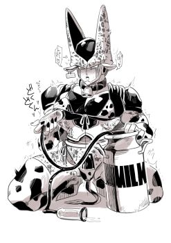 1boy absurdres animal_ears animal_print bikini bikini_top_aside blush breast_pump cell_(dragon_ball) cow_boy cow_ears cow_print cow_print_bikini cow_print_sleeves cow_print_thighhighs cow_tail cowbell dragon_ball dragonball_z drooling fingernails greyscale heart high_heels highres kneeling liquid looking_up male_focus male_lactation milk milking_machine monochrome on_ground parted_lips pectorals perfect_cell print_bikini print_thighhighs rolling_eyes sharp_fingernails solo speech_bubble spots string_bikini swimsuit tail tank_(container) teeth thighhighs torogao trembling upper_teeth_only wet wings yaoi