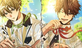 Rule 34 | 2boys, absurdres, blush, brown hair, closed mouth, commentary, ensemble stars!, fingernails, floral print, green eyes, green ribbon, hair between eyes, hand up, highres, holding, holding jewelry, holding ring, jewelry, lapels, long sleeves, looking at viewer, male focus, morisawa chiaki, multiple boys, official alternate costume, one eye closed, open mouth, outdoors, peaked lapels, ribbon, ring, ring (ensemble stars!), short hair, smile, sun, takamine midori, teeth, ujjeuda, upper body, upper teeth only, wedding march! (ensemble stars!), yaoi