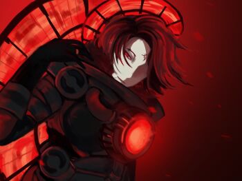 Rule 34 | 1girl, armor, astro duchess, black choker, black gloves, breastplate, choker, facial mark, forehead mark, gloves, glowing, glowing eye, gorget, halo, highres, jewelry, kolf 439i, light smile, looking at viewer, looking to the side, medium hair, partially shaded face, red eyes, red hair, red halo, ring, simple background, skibidi toilet (series), smile, solo