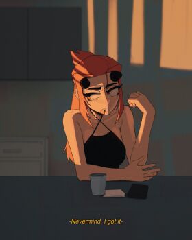 1girl arm_rest black_shirt breasts criss-cross_halter cup english_text facing_viewer halter_shirt halterneck highres horns indoors long_hair looking_to_the_side open_mouth orange_hair original shibansfw shirt sleeveless sleeveless_shirt small_breasts solo table talking