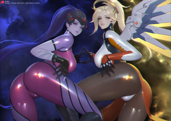 2girls ass blonde_hair blue_eyes bodysuit breasts cameltoe chromatic_aberration colored_skin commentary earrings english_commentary gloves halo head-mounted_display high_ponytail jewelry large_breasts lips long_hair looking_at_viewer makeup mechanical_halo mechanical_wings mercy_(overwatch) multiple_girls overwatch pantyhose parted_lips pink_lips ponytail purple_eyes purple_hair purple_lips purple_skin sade_abyss smile spread_wings widowmaker_(overwatch) wings yellow_eyes yellow_wings